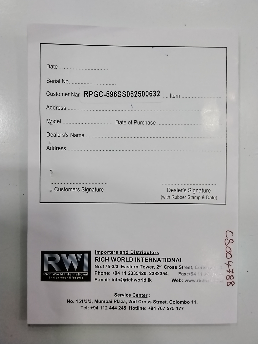 Warranty Front