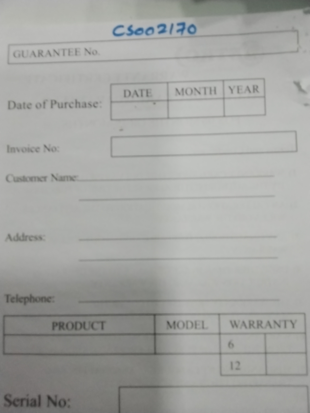 Warranty Front