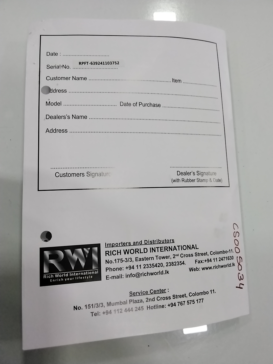 Warranty Front