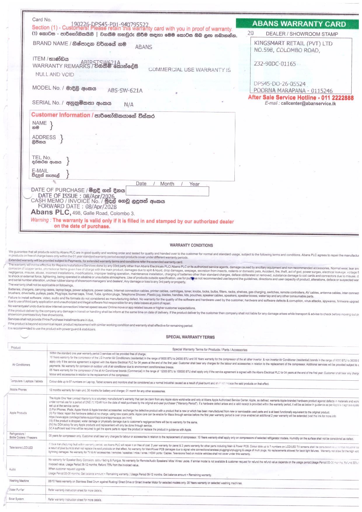 Warranty Front