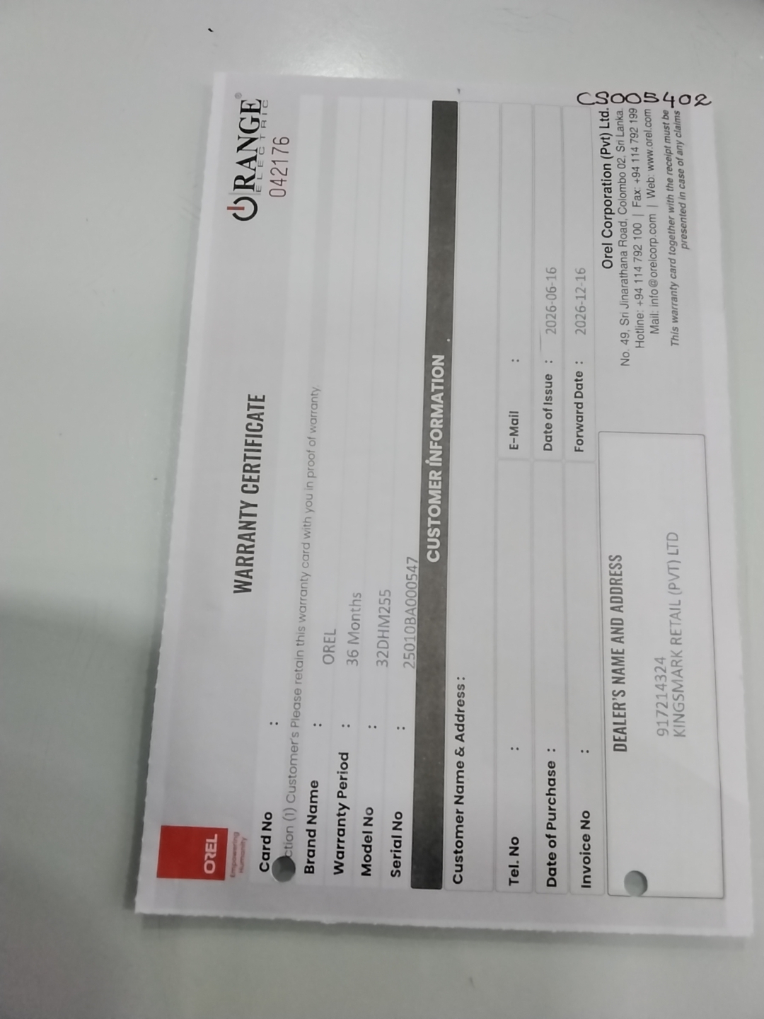 Warranty Front