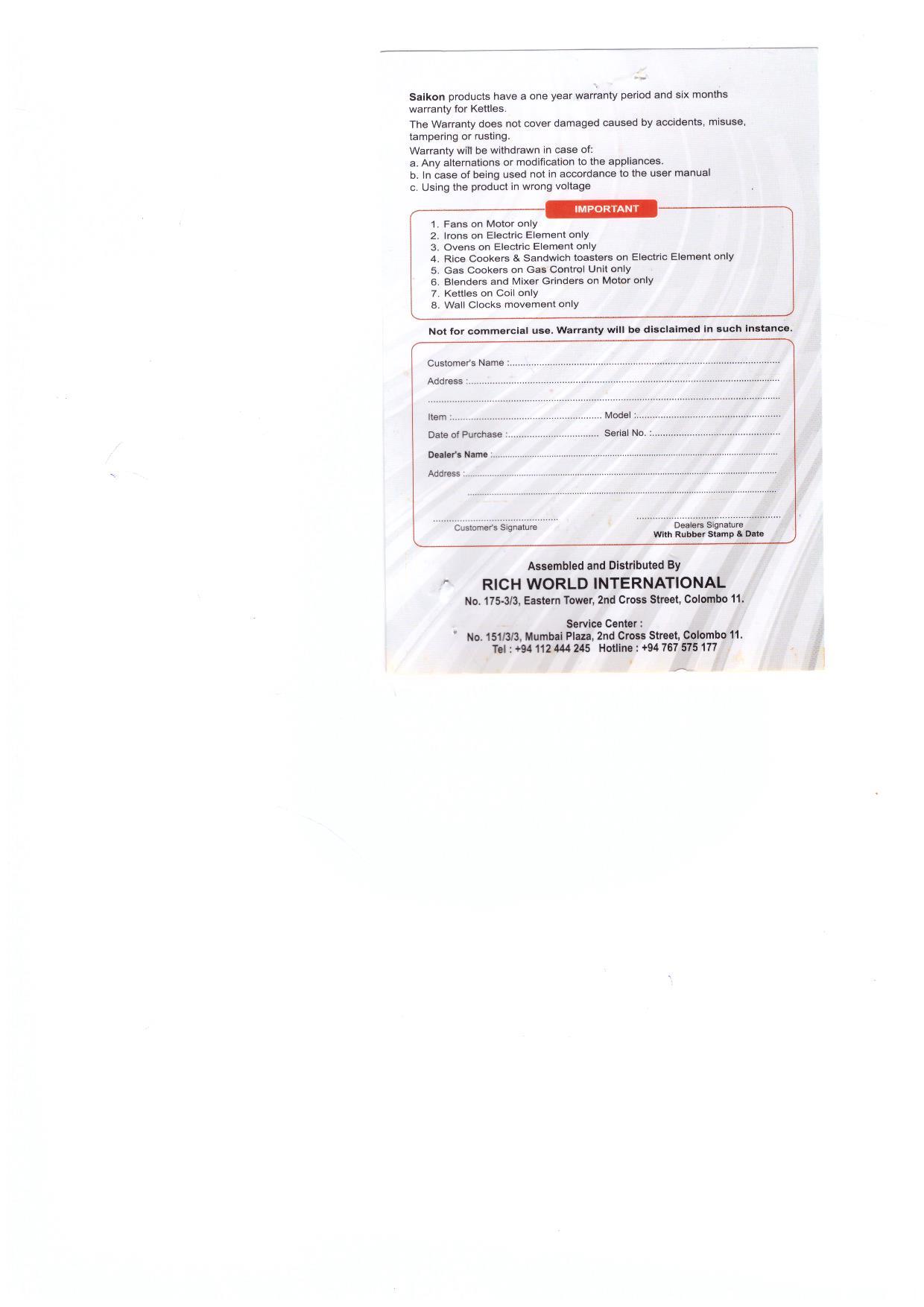 Warranty Front