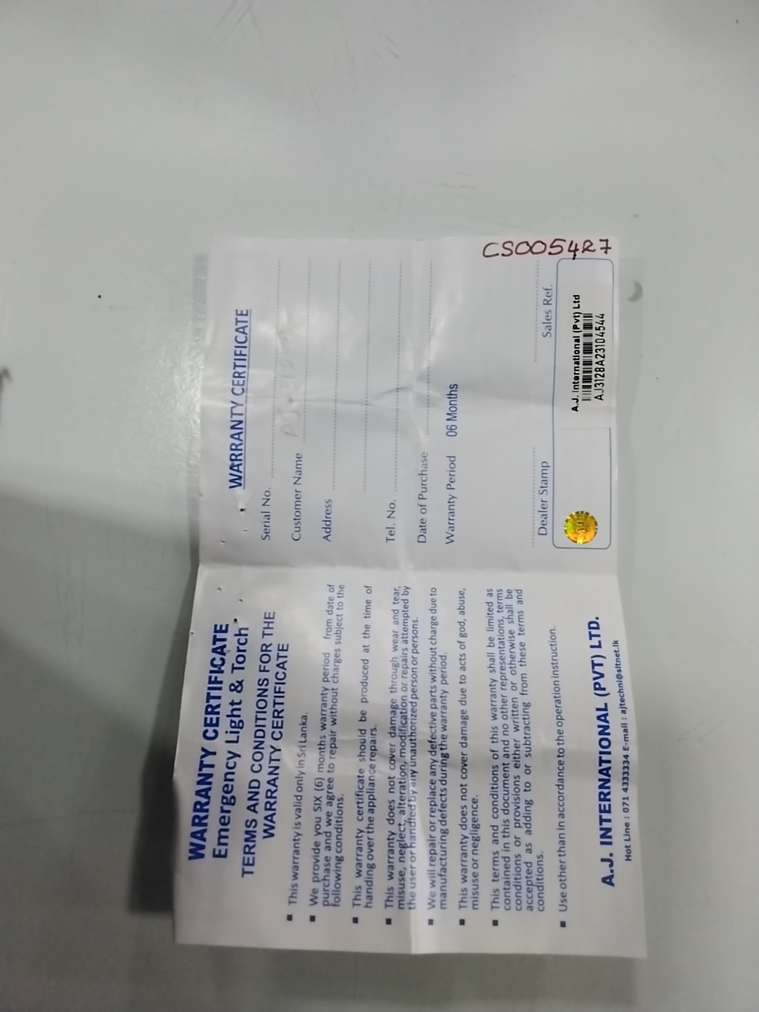 Warranty Front