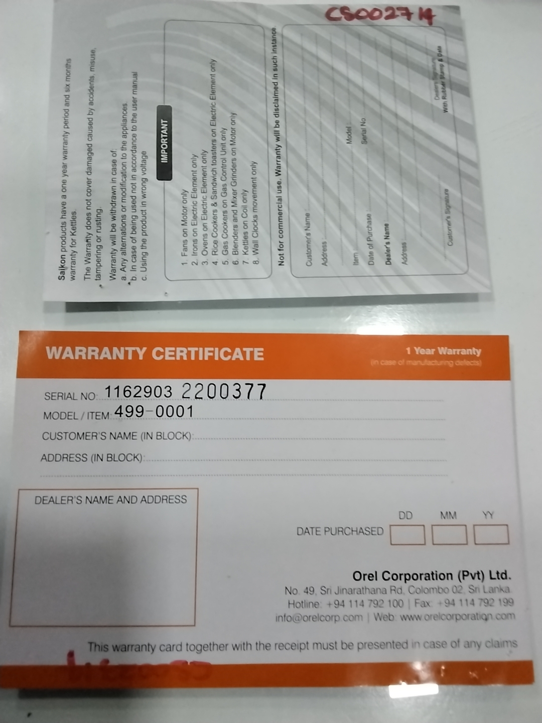 Warranty Front