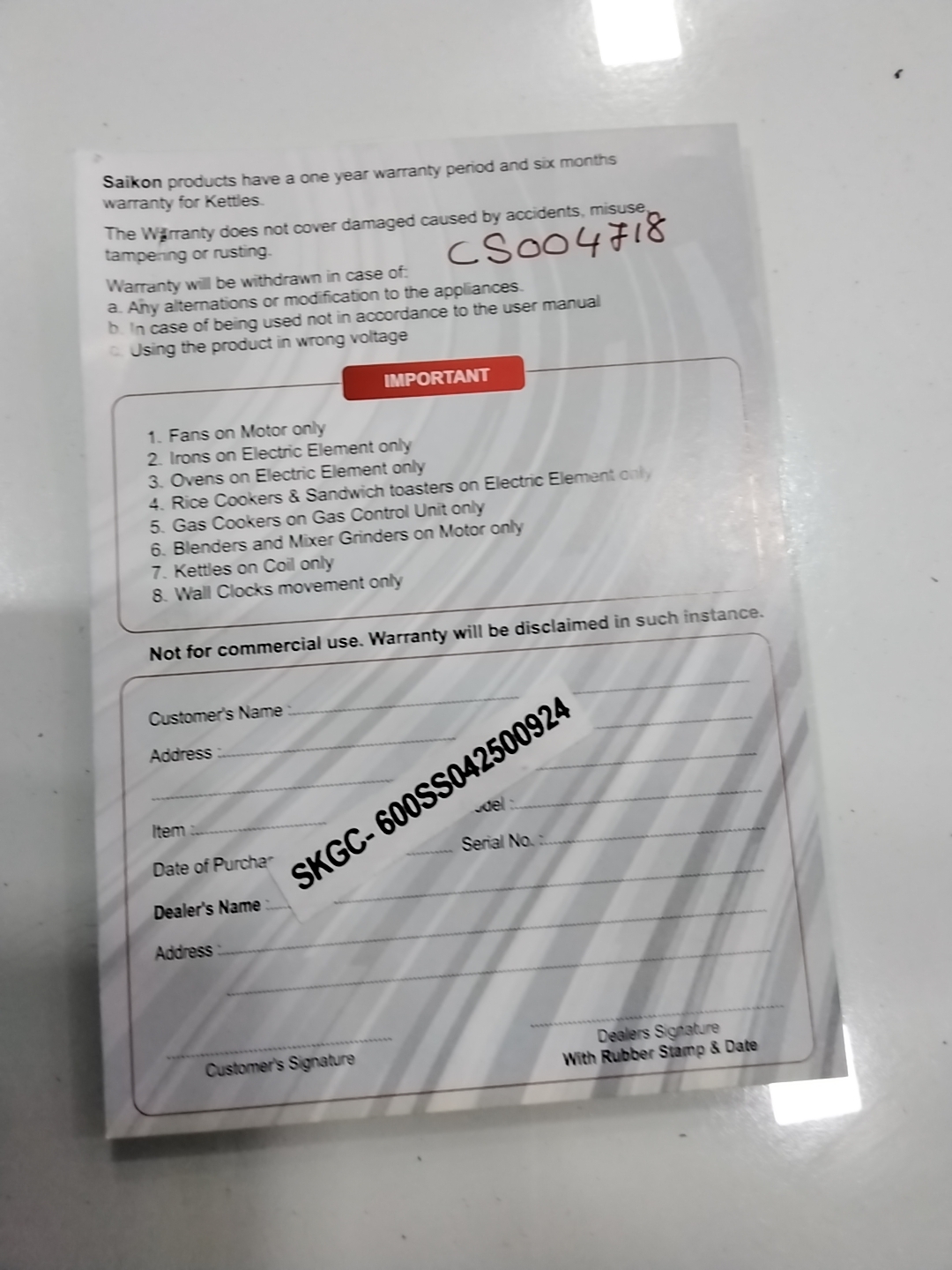 Warranty Front