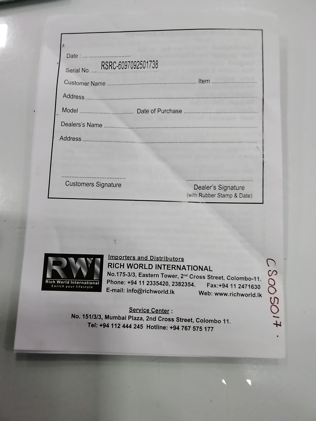 Warranty Front