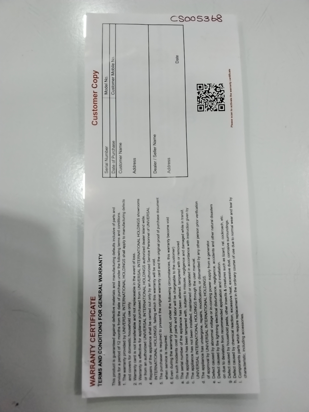 Warranty Front