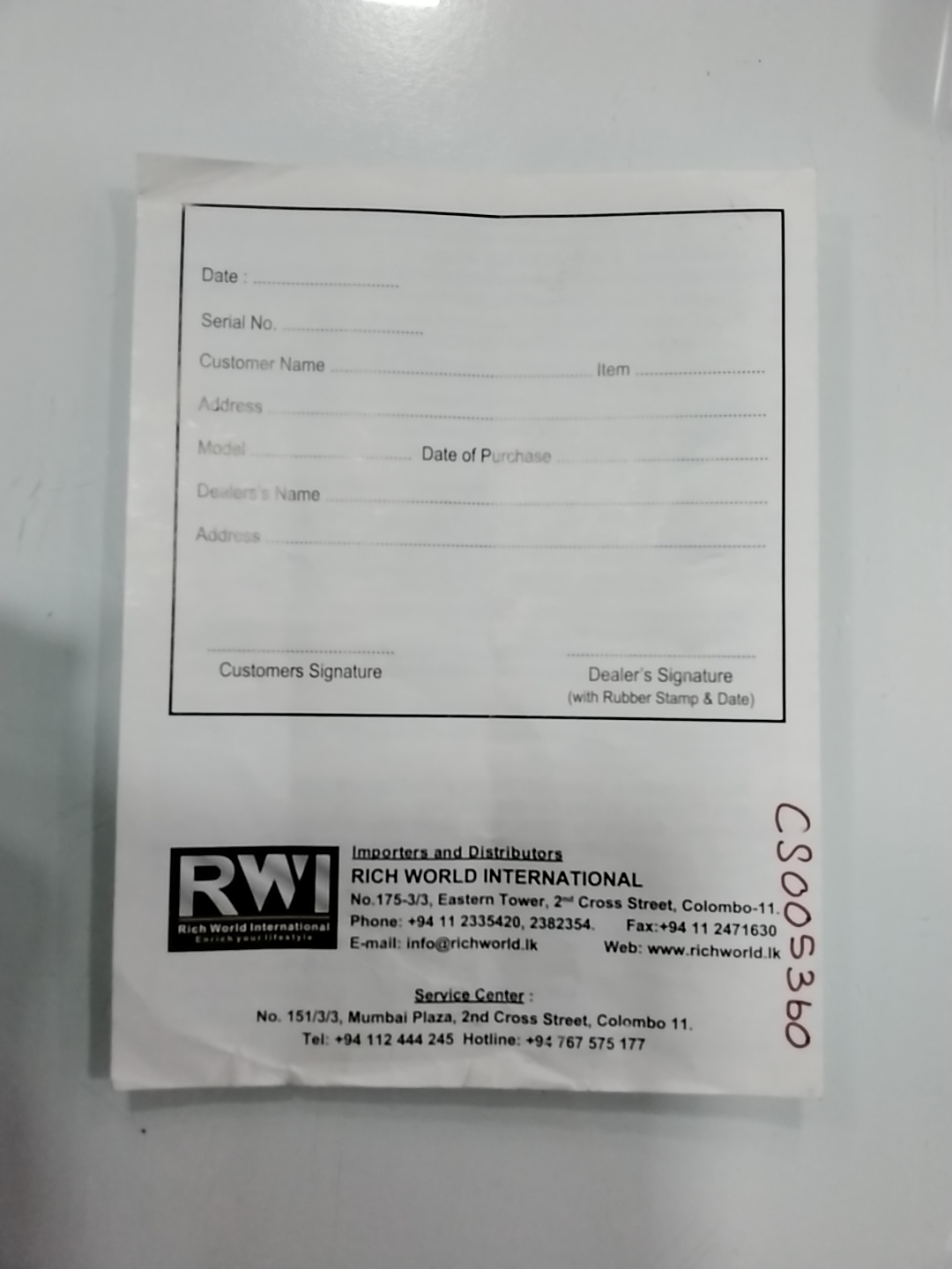 Warranty Front