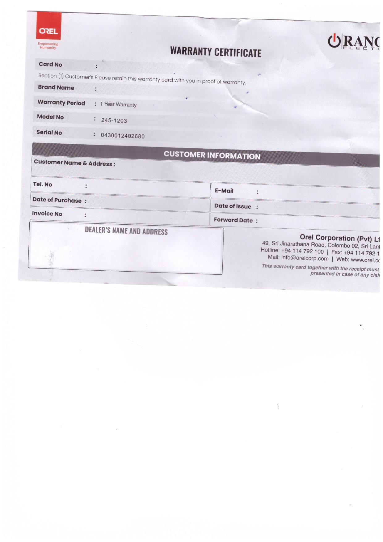 Warranty Front