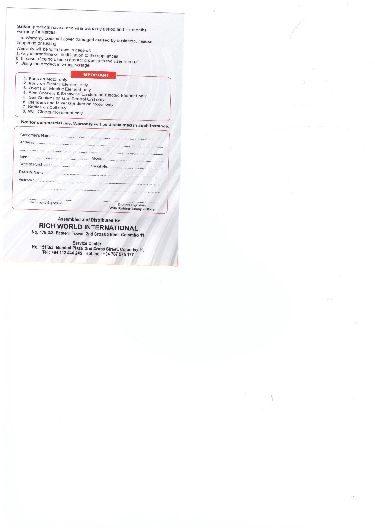 Warranty Front