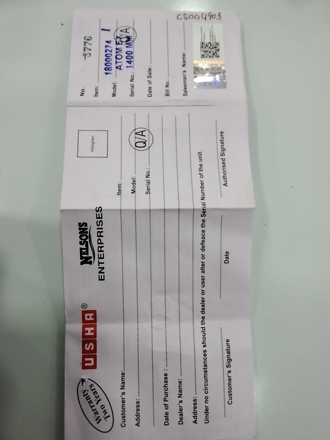 Warranty Front