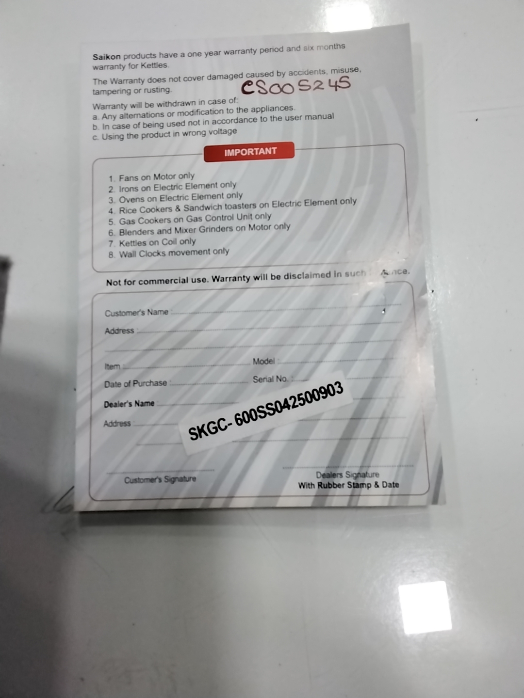Warranty Front
