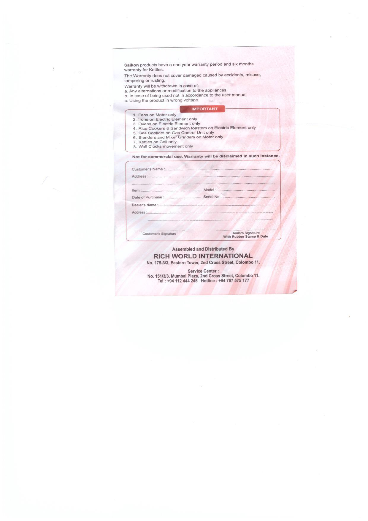 Warranty Front