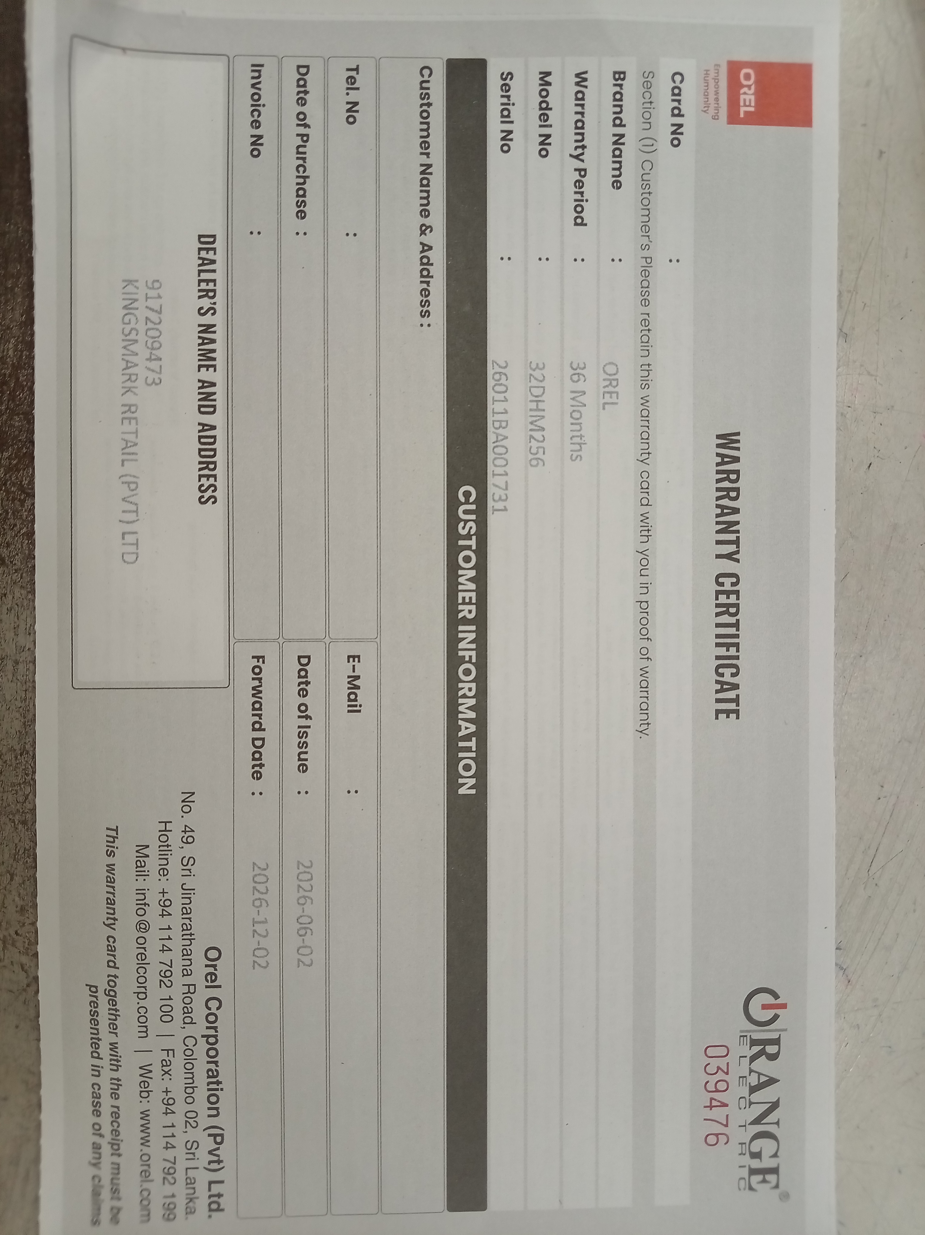 Warranty Front