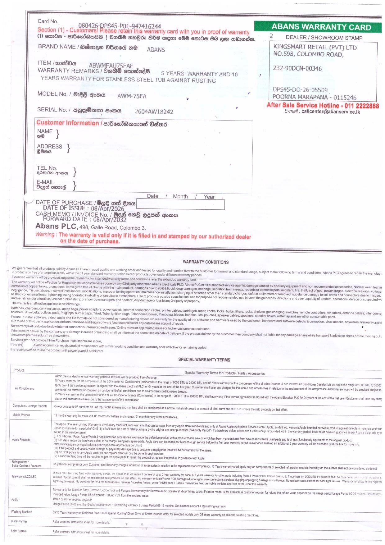 Warranty Front