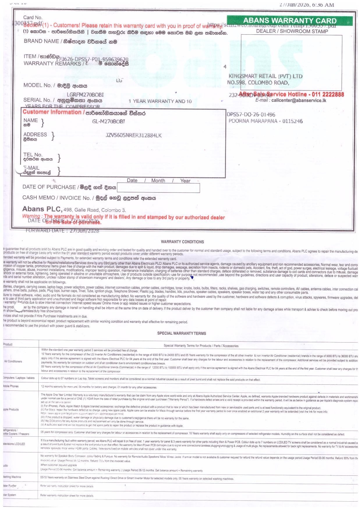 Warranty Front