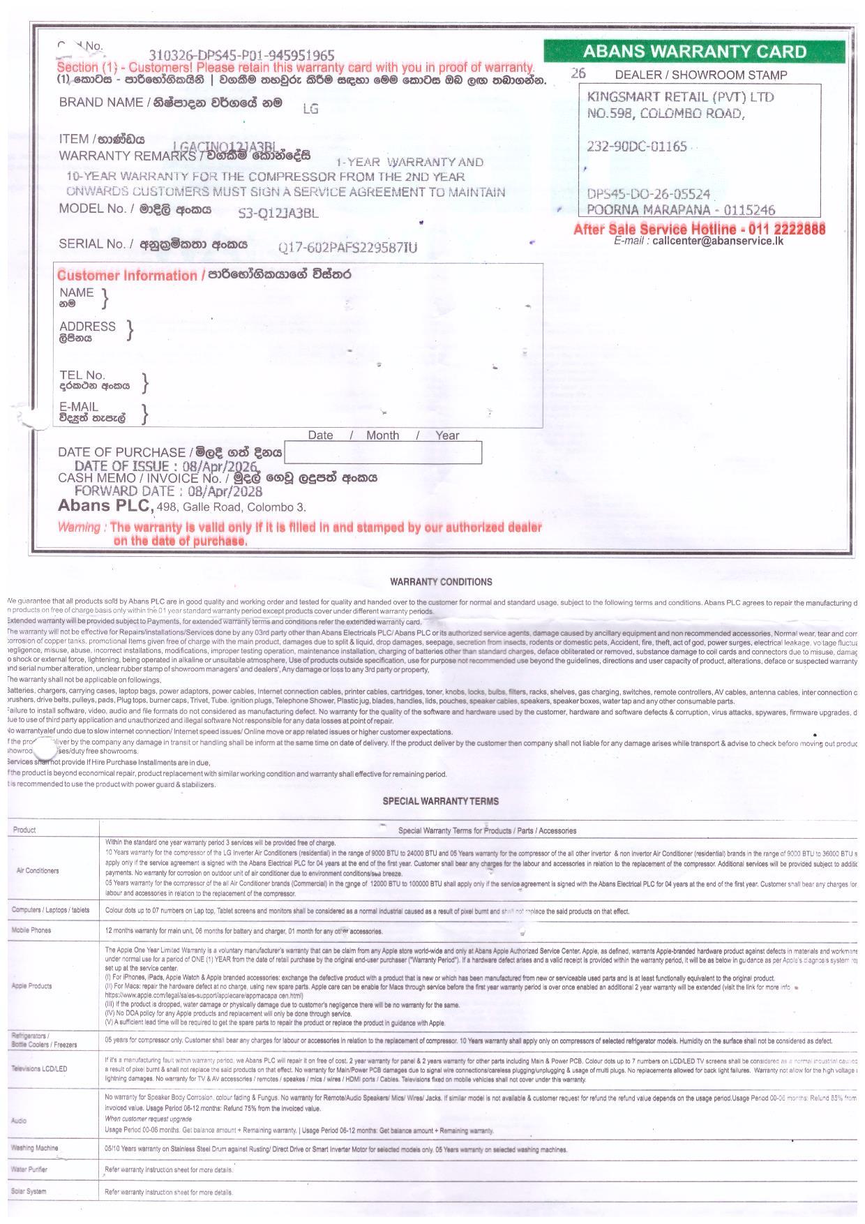 Warranty Front