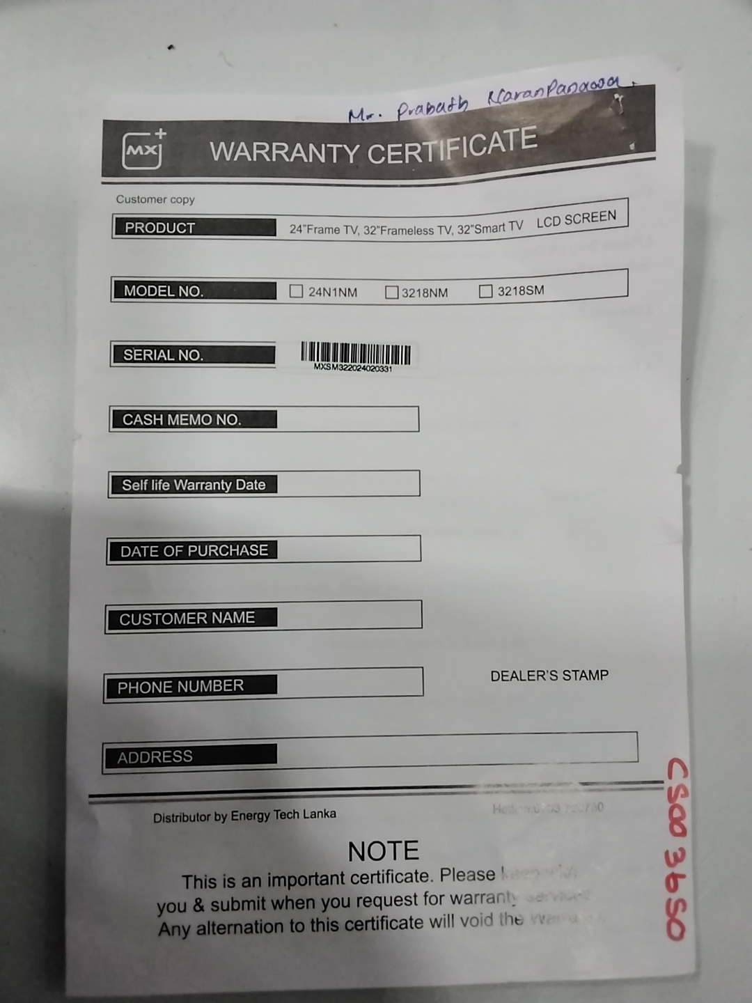 Warranty Front