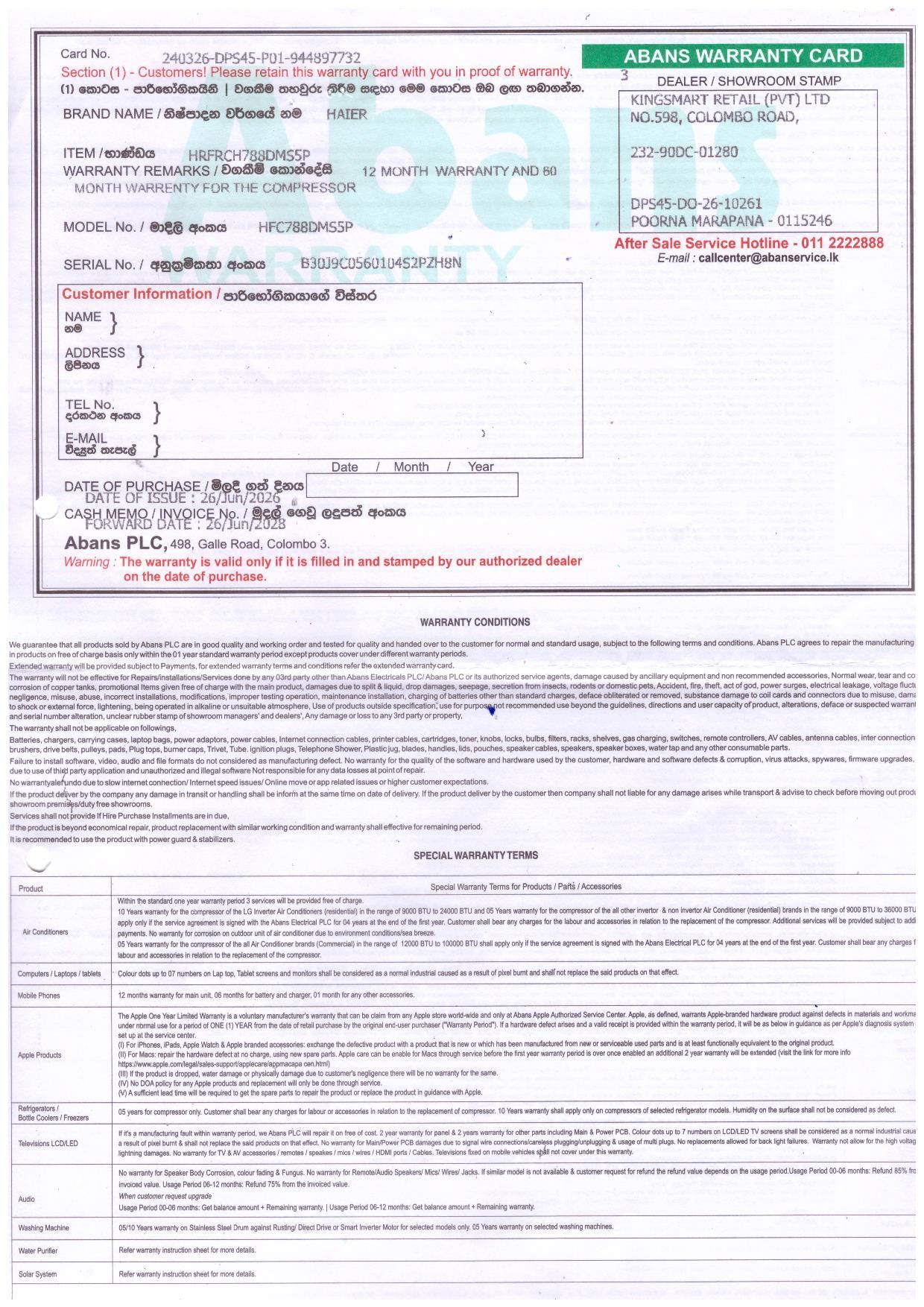 Warranty Front