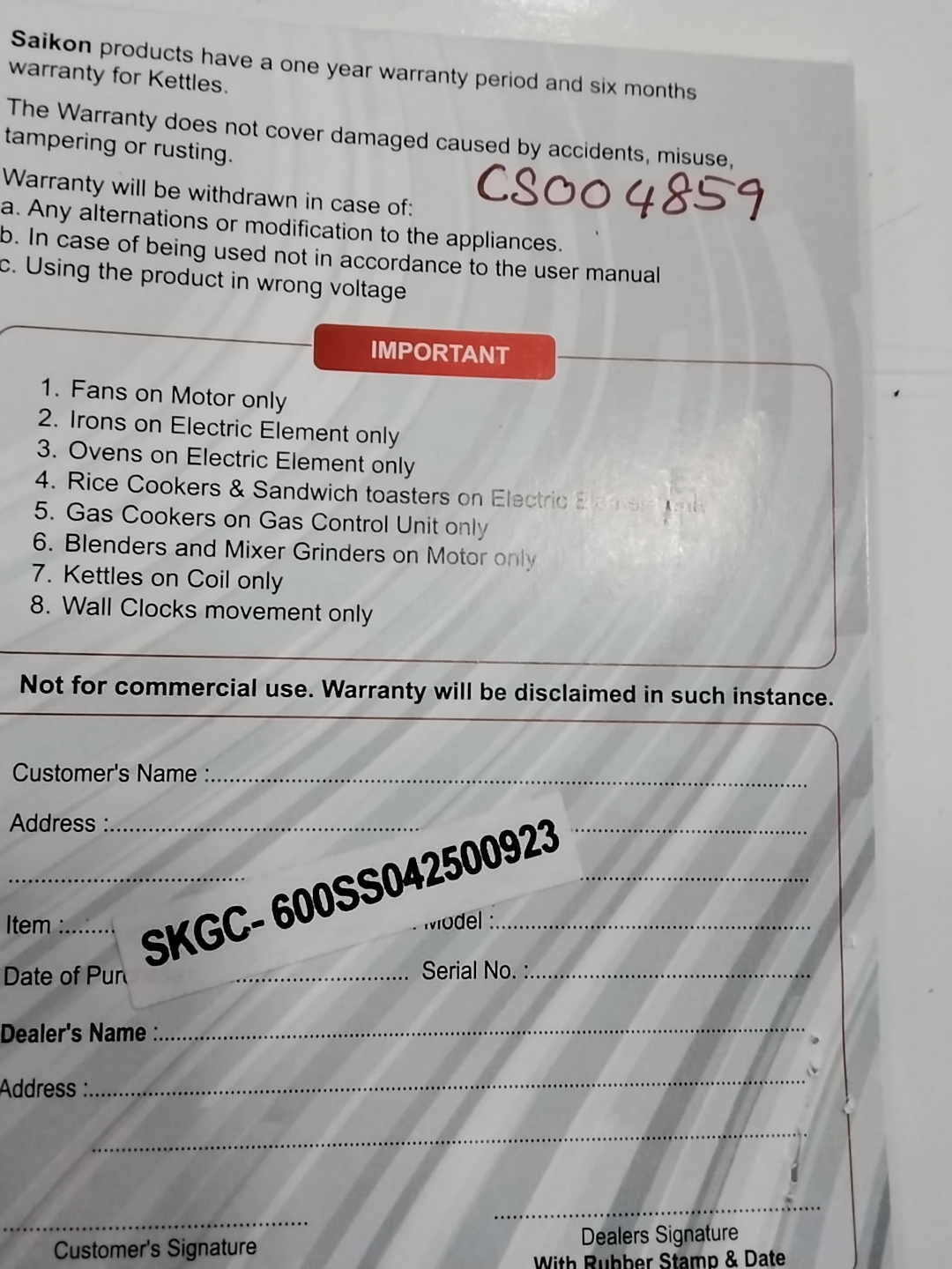 Warranty Front
