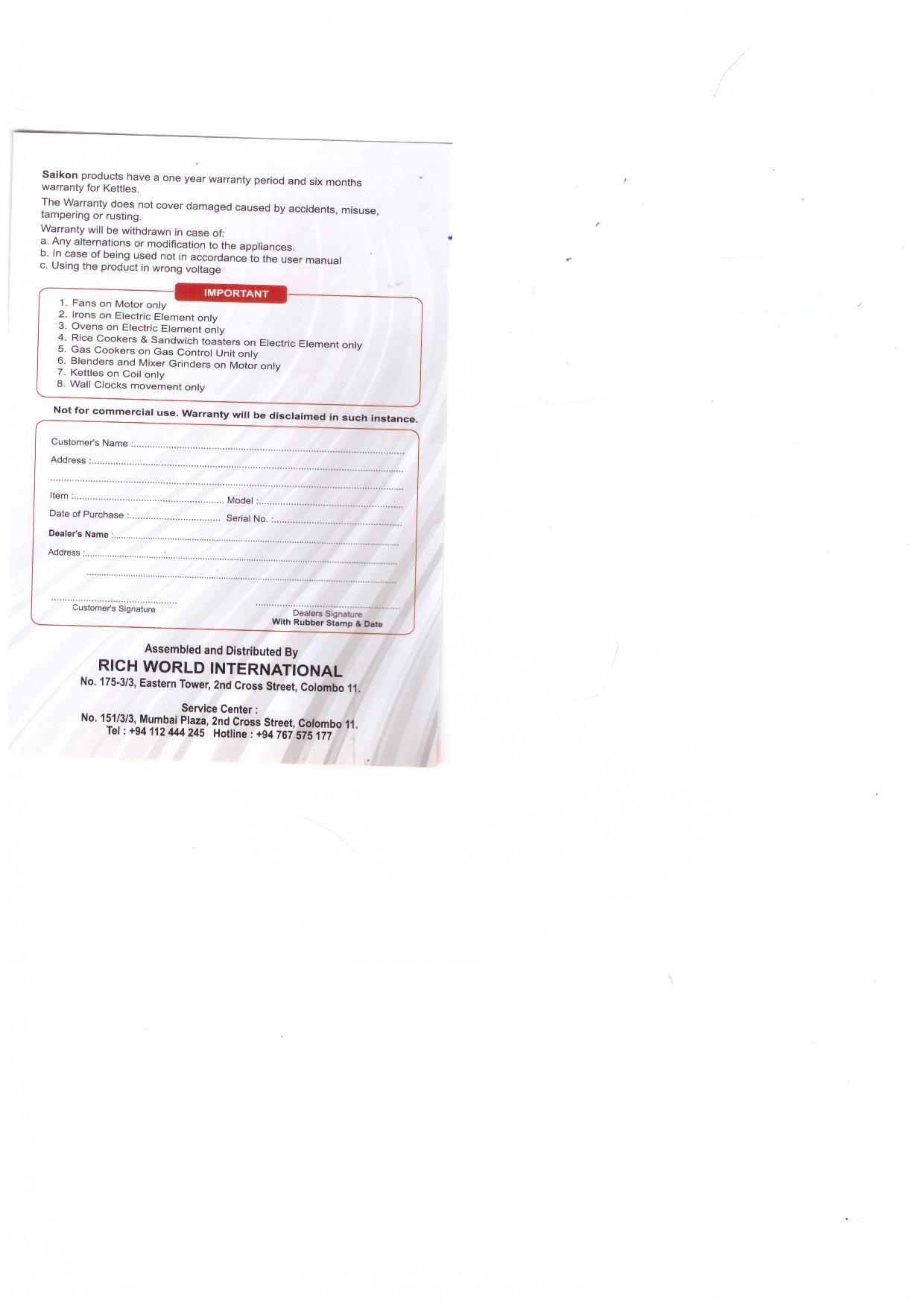 Warranty Front