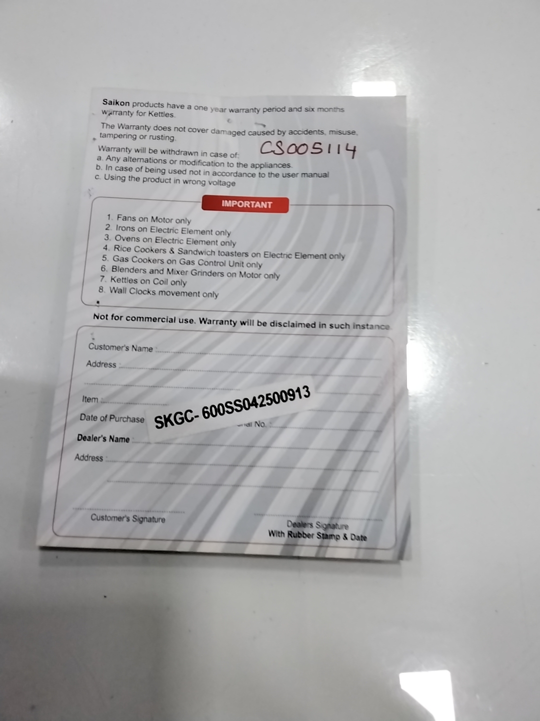 Warranty Front