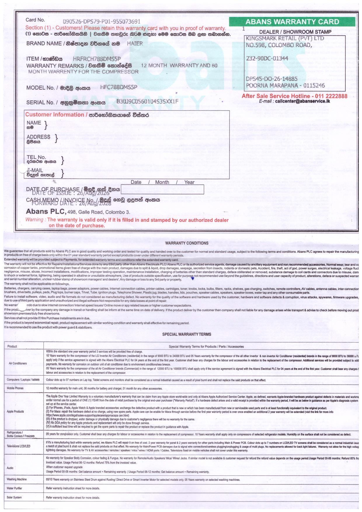 Warranty Front
