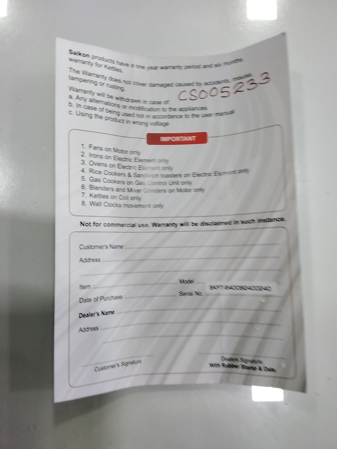 Warranty Front
