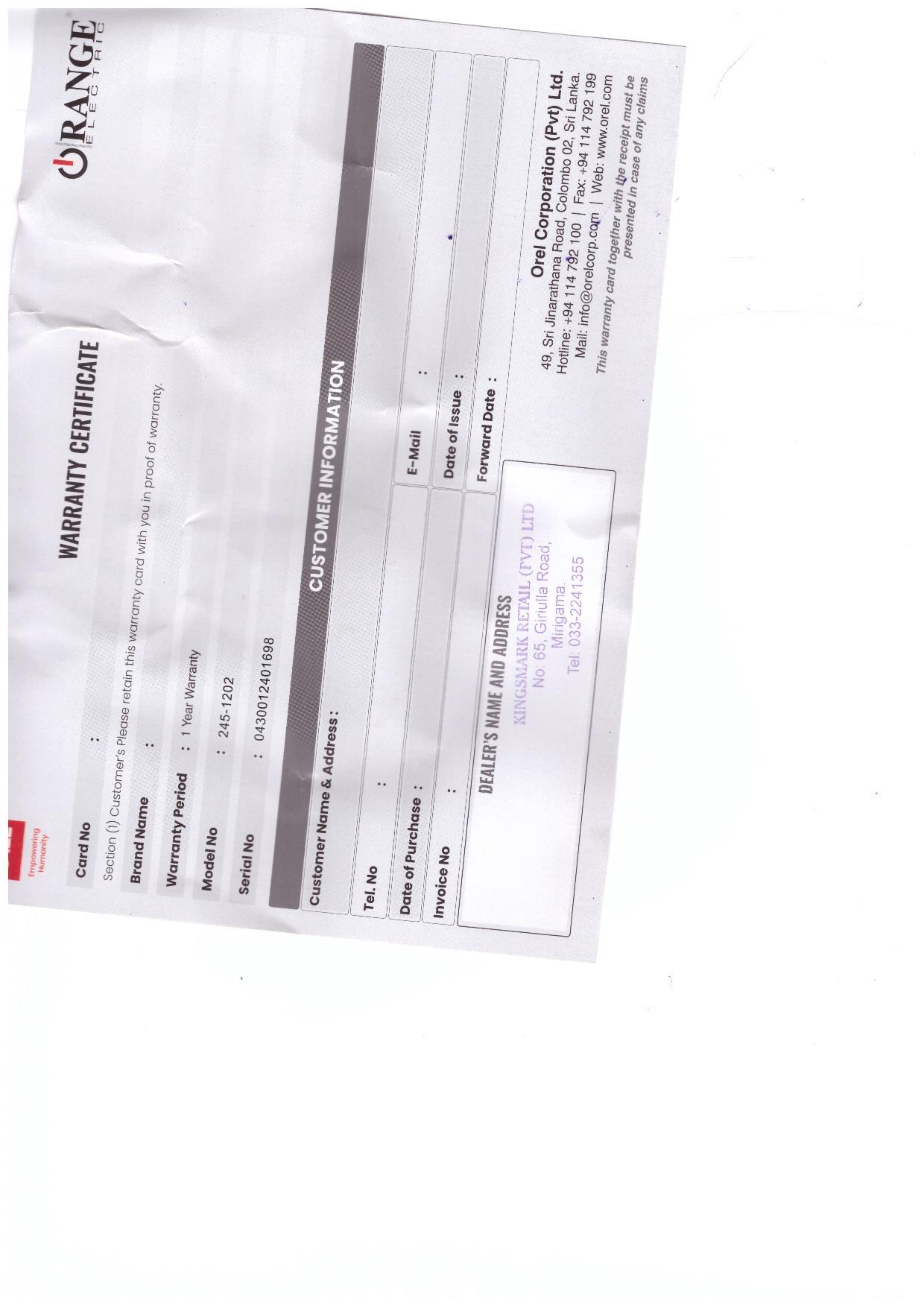 Warranty Front