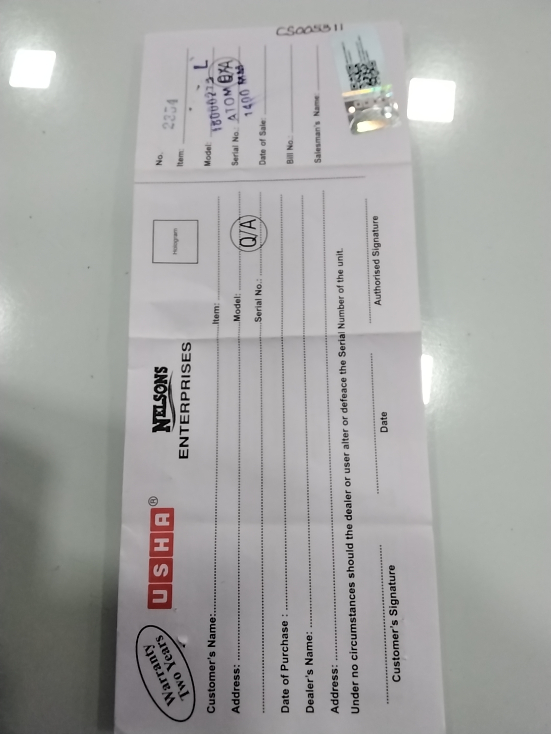 Warranty Front