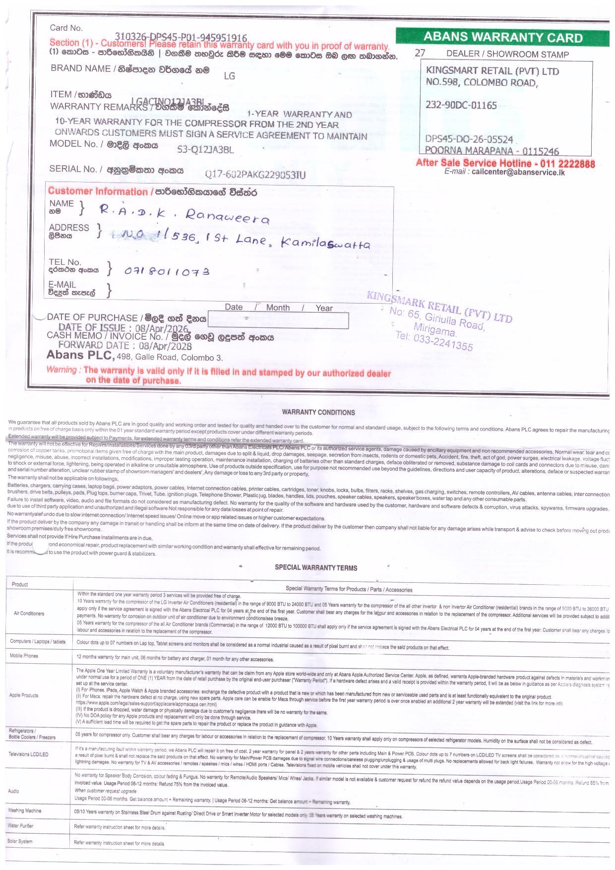 Warranty Front
