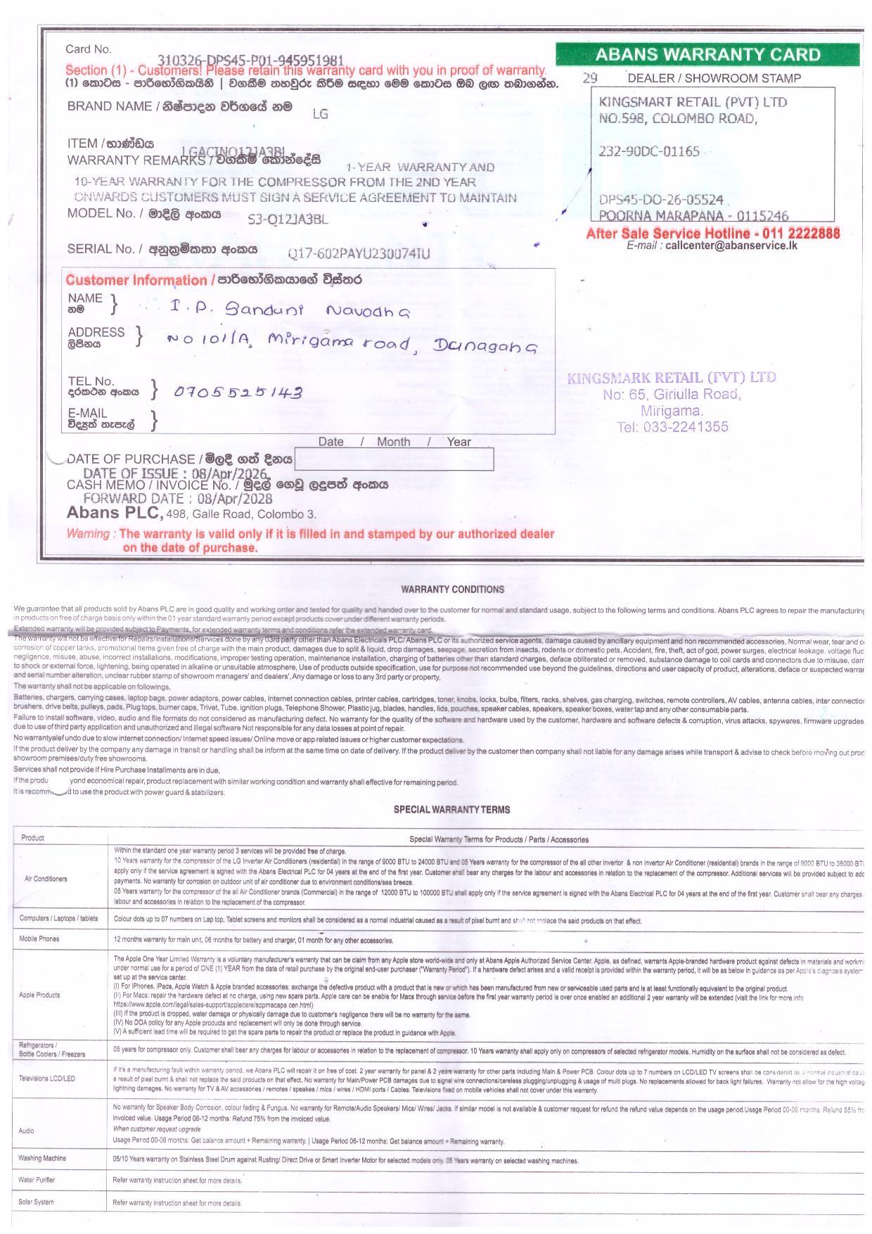 Warranty Front