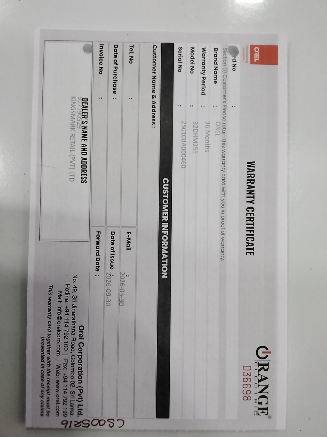 Warranty Front