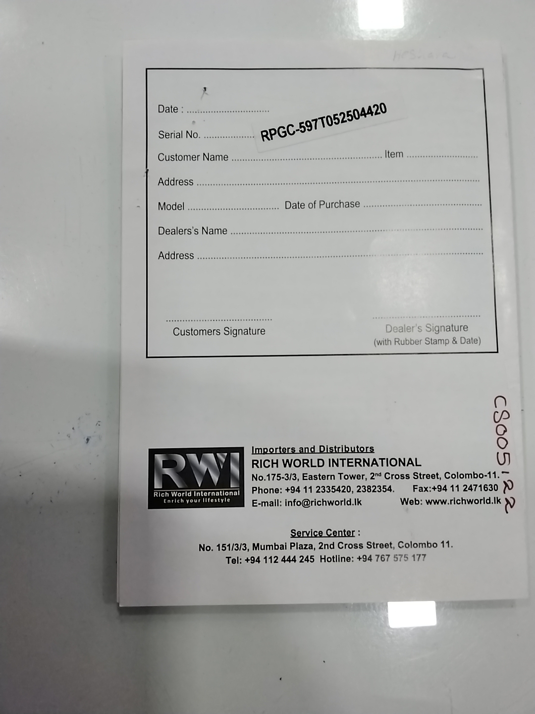 Warranty Front