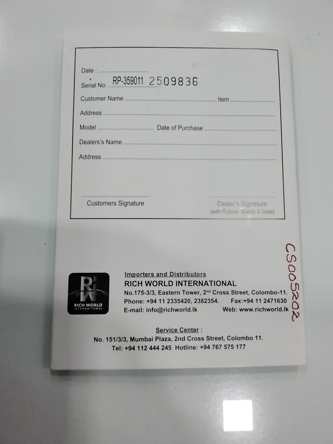 Warranty Front